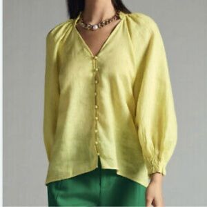 Anthropologie Maeve Audie Linen Button Down Puff Sleeve Blouse Top XS